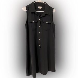 Chic Calvin Klein black belted sleeveless shirtdress w/silver buttons, size 10